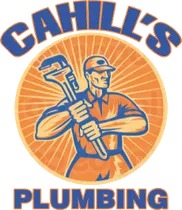 Cahill's Plumbing logo featuring a plumber holding a pipe wrench with sunburst design