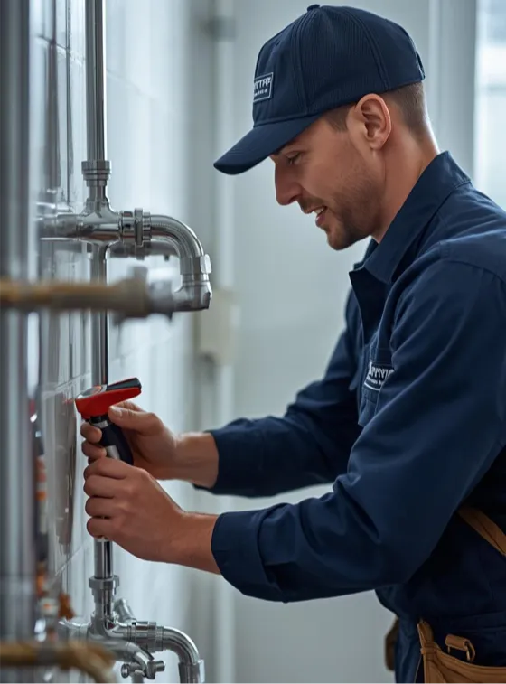 Cahills Plumbing uniformed technician using leak detection tool to inspect wall pipes and fittings